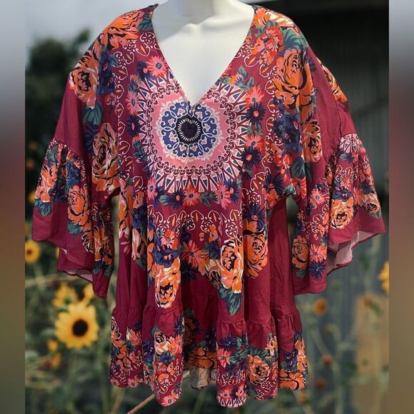 ☃️Umgee Floral Pink Boho Gypsy style flowy Bohemian style  tunic - Picture 3 of 13